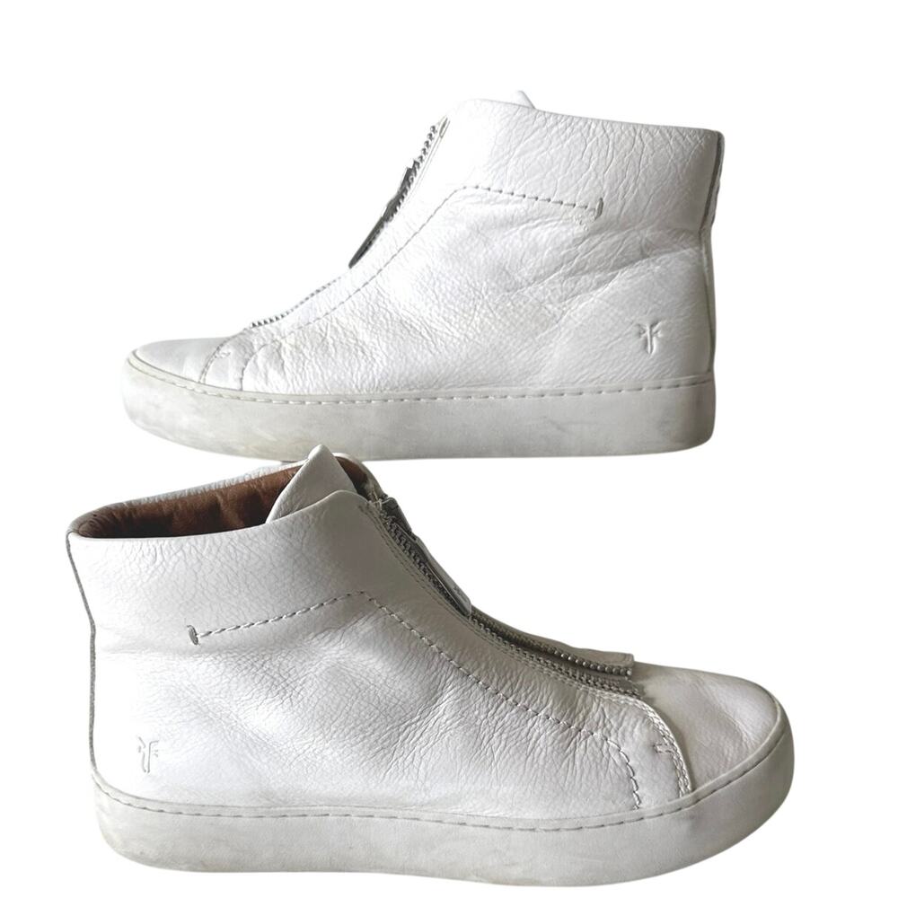 Frye Lena Front Zip Leather High Top Sneakers Womens 8M White